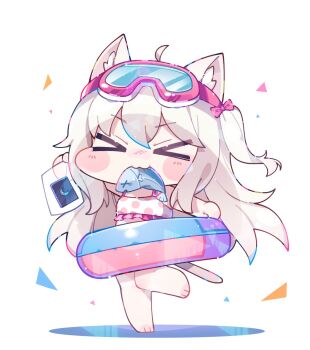 &gt;_&lt; 1girl :3 animal_ear_fluff animal_ears barefoot bikini blush_stickers cat_ears cat_girl cat_tail chibi chibi_only closed_eyes commentary double-parted_bangs fang fang_out fish fish_in_mouth full_body goggles goggles_on_head highres innertube kommy_(trickcal) long_hair one_side_up polka_dot polka_dot_bikini sia_6767 simple_background solo standing standing_on_one_leg swim_ring swimsuit tail trickcal white_background white_bikini white_hair x3