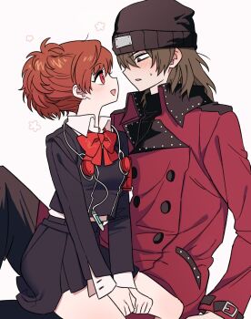 1boy 1girl aragaki_shinjirou beanie black_hat black_jacket black_skirt blush bow brown_eyes brown_hair buttons coat digital_media_player digital_walkman double-breasted earphones feet_out_of_frame flower_symbol gekkoukan_high_school_uniform hair_between_eyes hands_on_lap hat hetero highres jacket lapels long_sleeves looking_at_another medium_hair open_mouth parted_lips persona persona_3 persona_3_portable red_bow red_coat red_eyes red_hair school_uniform shiomi_kotone shiryoku_kensa simple_background sitting sitting_on_lap sitting_on_person skirt smile sweatdrop walkman_nw-s203f white_background