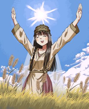 1girl absurdres arms_up black_hair blue_sky closed_eyes commentary day dress english_commentary farm grass heidi_(heytherenrds) highres long_hair long_sleeves open_mouth original outdoors outstretched_arms sky smile solo wheat