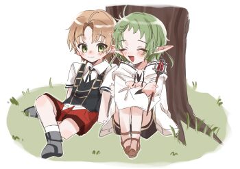 Rule 34 | 1boy, 1girl, ahoge, brown hair, closed eyes, elf, grass, green eyes, green hair, highres, holding, holding wand, hood, hood down, looking at another, mushoku tensei, on grass, outdoors, pointy ears, rudeus greyrat, short hair, smile, spica59, sylphiette (mushoku tensei), tree, wand