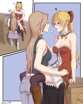 2girls blonde_hair boots box brown_hair denim dress granblue_fantasy highres jeans katalina_(granblue_fantasy) long_hair miso-ha_(ukyuu) multiple_girls on_box pants red_eyes short_dress vira_(granblue_fantasy) wooden_box yuri