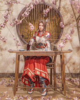 1girl 3d aerith_gainsborough aerith_gainsborough_(kamura_dress) architecture breasts choker cosplay desk drayqin east_asian_architecture final_fantasy final_fantasy_vii final_fantasy_vii:_ever_crisis flower full_body hakama hakama_pants hand_on_lap highres hinoa hinoa_(cosplay) japanese_clothes jewelry light_smile medium_breasts monster_hunter_(series) monster_hunter_rise necklace official_alternate_costume official_alternate_hairstyle pants parted_bangs pink_flower red_hakama red_lips sandals sidelocks sitting solo tooth_necklace updo wooden_floor writing