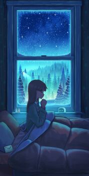 1girl alarm_clock bed black_hair blanket blue_sky blue_theme christmas clock closed_eyes commentary_request green_pajamas highres indoors lamppost letter long_hair long_sleeves night night_sky original own_hands_clasped own_hands_together pajamas pasoputi pillow pine_tree scenery sitting sky star_(sky) starry_sky tree window winter