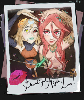 2girls ancient_greek_clothes aphrodite_(hades) asymmetrical_arms bone breasts glowing_arm greco-roman_clothes green_arm green_lips hades_(series) hades_2 highres long_hair looking_at_viewer melinoe_(hades) mismatched_sclera multiple_girls nude rikku_the_leaf see-through_body skeletal_arm smile