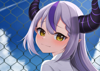 1girl absurdres blue_sky blush chain-link_fence closed_mouth cloud commentary_request day demon_girl demon_horns fence highres hololive horns la+_darknesss long_hair looking_at_viewer multicolored_hair outdoors pointy_ears portrait purple_hair purple_streaks raised_inner_eyebrows ramkilog shirt single_hair_streak sky smile solo streaked_hair virtual_youtuber white_shirt yellow_eyes