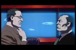 1990s_(style) 1girl animated sound blood camouflage city death explosion firing formal_clothes ghost_in_the_shell gun guro kusanagi_motoko multiple_boys night okiura_hiroyuki oshii_mamoru police suit tagme weapon video