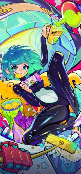 1girl ahoge aqua_eyes aqua_hair artist_request bodysuit breasts bright_pupils broom bubble cameltoe character_request chips_(food) controller cup emoji food gradient_hair highres latex medium_breasts multicolored_hair open_mouth perspective potion robot robotic_hands short_hair soap soles space_leaper:_cocoon spread_legs squatting sticker teeth white_pupils