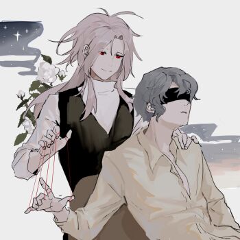 2boys antenna_hair black_vest blindfold cat's_cradle chinese_commentary closed_mouth collared_shirt commentary_request grey_hair hand_on_another's_shoulder hatsutori_hajime highres long_hair long_sleeves male_focus multiple_boys parted_bangs parted_lips partially_unbuttoned pink_hair red_eyes saibou_shinkyoku shirt short_hair smile utsugi_noriyuki vest vihua6 white_shirt yellow_shirt