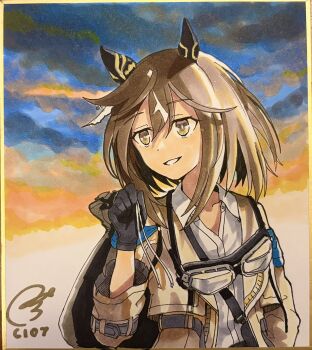 1girl animal_ears breasts brown_coat brown_eyes brown_hair coat collared_shirt comiket_107 commentary_request ear_covers goggles goggles_around_neck grin hair_between_eyes highres holding holding_sack horse_ears horse_girl long_hair looking_to_the_side multicolored_hair ponpochi sack shikishi shirt signature smile solo stay_gold_(sunlit_outsider)_(umamusume) stay_gold_(umamusume) streaked_hair traditional_media umamusume white_hair white_shirt zipper