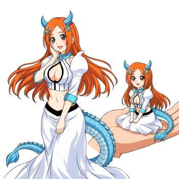 1girl bleach bleach:_sennen_kessen-hen breasts cleavage cleavage_cutout clothing_cutout detached_sleeves dragon_horns dragon_tail hair_ornament horns inoue_orihime long_hair medium_breasts midriff mini_person minigirl orange_hair simple_background tagme tail yellow_eyes