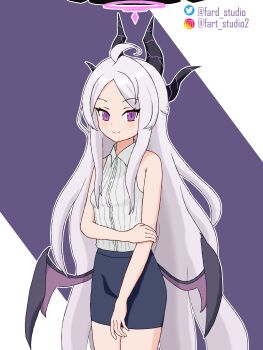 1girl absurdres ahoge artist_name black_halo black_skirt blue_archive blush commentary demon_girl demon_horns demon_wings english_commentary fard_studio halo highres hina_(blue_archive) horns long_hair looking_at_viewer low_wings purple_eyes skirt solo standing very_long_hair white_hair wings