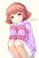 Rule 34 | 1girl, :3, blunt bangs, blush, character name, commentary request, elbows on knees, feet out of frame, from below, furrowed brow, grey background, hands up, hood, hood down, hoodie, idolmaster, idolmaster million live!, knees, kuresuku (lessons), looking at viewer, looking down, nonohara akane, purple hoodie, raised eyebrows, red eyes, red hair, red stripes, short hair, simple background, skirt, sleeves past wrists, smile, solo, squatting, striped sleeves, thick eyelashes, three quarter view, white skirt