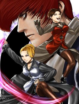 2girls blonde_hair blue_eyes breasts brown_eyes brown_hair dress earrings female_focus formal_clothes huge_breasts jewelry large_breasts long_hair long_sleeves mature_(kof) multiple_girls pantyhose rio_buyten see-through_clothes shiny_clothes shiny_skin shoes short_hair skirt suit the_king_of_fighters thick_thighs thighs vice_(kof) yagami_iori