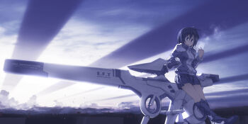 Rule 34 | 1girl, ahoge, bird, black eyes, black hair, boots, breath, building, character request, cloud, crossed legs, display, english text, female focus, glowing, hand in pocket, highres, holographic monitor, hover bike, jacket, knee boots, leaning, light rays, machine, monitor, morning, original, realistic, science fiction, short hair, skirt, sky, solo, standing, sunbeam, sunlight, tsukuba masahiro, twilight, vehicle