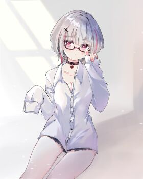 Rule 34 | 1girl, asumi sena, black choker, blush, breasts, choker, cleavage, closed mouth, collarbone, commentary, cowboy shot, cross hair ornament, dear arisu, glasses, grey background, grey hair, hair ornament, hand up, heart, heart choker, highres, long sleeves, looking at viewer, medium breasts, multicolored hair, pink eyes, pink streaks, semi-rimless eyewear, shirt, short hair, sleeves past fingers, sleeves past wrists, solo, streaked hair, symbol-only commentary, under-rim eyewear, virtual youtuber, vspo!, white shirt, wispy bangs