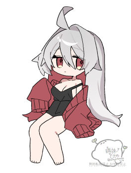 Rule 34 | 1girl, ahoge, bare shoulders, barefoot, black dress, blush, breasts, chibi, chibi only, cleavage, closed mouth, colored inner hair, diamond-shaped pupils, diamond (shape), dress, expressionless, feet, full body, grey hair, hair between eyes, hair intakes, hand up, highres, jacket, kneeling, large breasts, long hair, long sleeves, looking at viewer, multicolored hair, off shoulder, oimotororo1116, original, red eyes, red jacket, shirt, signature, simple background, sleeves past fingers, sleeves past wrists, solo, symbol-shaped pupils, very long hair, white background