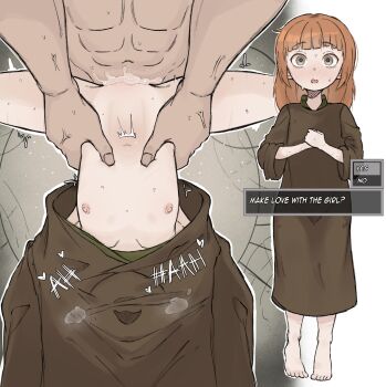 1boy 1girl abs age_difference blush breasts clothes_lift cum cum_in_pussy cum_overflow dress dress_lift ejaculation english_text fear_&amp;_hunger fear_&amp;_hunger_(series) fear_&amp;_hunger_1 flat_chest full_body hetero highres loli looking_at_viewer medium_hair missionary moaning multiple_views muscular muscular_male navel nervous nervous_sweating nipples nude older_male_and_younger_female orange_hair pussy ragnvaldr_(fear_&amp;_hunger) restrained rough_sex sex size_difference spread_legs standing steam steaming_body stomach_bulge sweat sweatdrop the_girl_(fear_&amp;_hunger) torso_grab vaginal zlix0n