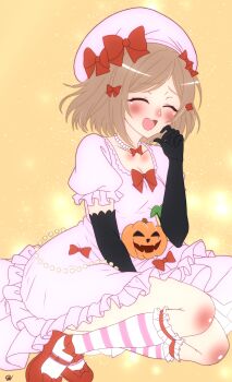Rule 34 | 1girl, ^ ^, absurdres, alternate hair color, beret, black gloves, blush, bow, breasts, brown hair, cleavage, closed eyes, collarbone blush, commentary, dress, dress bow, elbow gloves, english commentary, footwear bow, frilled dress, frilled sleeves, frilled socks, frills, full body, furrowed brow, gem, gloves, hair bow, hand up, hat, hat bow, highres, jack-o'-lantern, jewelry, kizumonogatari, knee blush, kneehighs, lambdadelta, leaf, mary janes, mgrenjoyer, monogatari (series), multiple hair bows, necklace, nose, nose blush, open mouth, orange background, parody, pearl (gemstone), pearl necklace, pink dress, pink hat, pink socks, puffy short sleeves, puffy sleeves, red bow, red shoes, shoes, short hair, short sleeves, sidelocks, signature, sitting, small breasts, socks, solo, style parody, teeth, tongue, umineko no naku koro ni, upper teeth only, white socks, yokozuwari