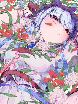 1girl absurdres ascot bat_wings blue_hair brooch commentary_request falling_petals fingernails flower grass hat highres jewelry leaf long_fingernails looking_at_viewer lying mob_cap on_back on_grass open_mouth petals pink_hat pink_shirt pink_skirt pointy_ears puffy_short_sleeves puffy_sleeves red_ascot red_eyes red_nails remilia_scarlet sharp_fingernails shirt short_hair short_sleeves skirt skirt_set solo touhou wings yuara