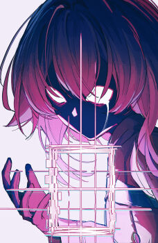 Rule 34 | 1girl, abstract, black gloves, blue archive, crying, eironeus, gloves, highres, hoshino (blue archive), hoshino terror (blue archive), long sleeves, medium hair, no pupils, pink background, pink hair, simple background, solo