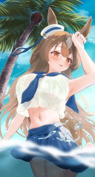 1girl absurdres alternate_costume animal_ears bikini bikini_under_clothes blue_neckerchief blue_skirt braid breasts brown_eyes brown_hair coconut_tree ears_through_headwear green_bikini half_up_braid hat highres horse_ears horse_girl large_breasts long_hair looking_to_the_side midriff multicolored_hair navel neckerchief p1_fcoyaa palm_tree partially_submerged sailor_collar sailor_hat sailor_shirt satono_diamond_(umamusume) school_uniform serafuku shirt skirt sleeveless sleeveless_shirt solo streaked_hair swimsuit tree umamusume very_long_hair white_hair white_hat