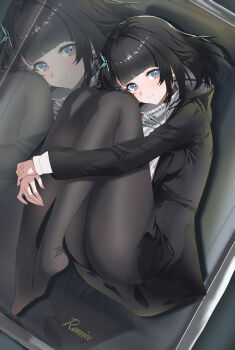 1girl absurdres arknights arknights:_endfield artist_name black_choker black_coat black_hair black_pantyhose blue_eyes chinese_commentary choker closed_mouth coat commentary_request diamond-shaped_pupils diamond_(shape) endministrator_(arknights) female_endministrator_(arknights) full_body hair_ornament highres hood hood_down hooded_coat hugging_own_legs legs light_smile long_sleeves lying medium_hair no_shoes open_clothes open_coat pantyhose remico solo sweater symbol-shaped_pupils thighs toes tray turtleneck turtleneck_sweater white_sweater zoom_layer