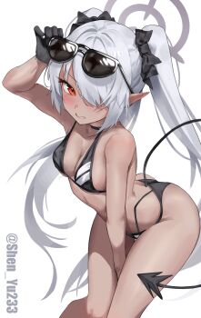 1girl absurdres bikini black_bikini black_gloves blue_archive breasts cleavage dark-skinned_female dark_skin demon_tail eyewear_on_head feet_out_of_frame gloves grey_hair hair_over_one_eye halo highres iori_(blue_archive) iori_(swimsuit)_(blue_archive) leaning_forward long_hair looking_at_viewer official_alternate_costume pointy_ears purple_halo red_eyes shinba233 simple_background small_breasts solo string_bikini sunglasses swimsuit tail twintails twitter_username white_background