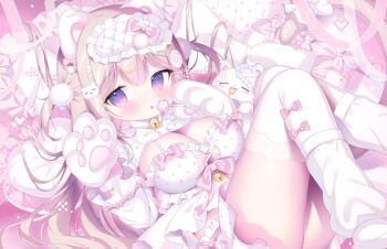 1girl :p animal_ears animal_hands bell blush bow bow_legwear breasts brown_hair candy cat_ears cleavage closed_mouth commentary_request double-parted_bangs feet_out_of_frame food gloves hair_between_eyes hair_ornament holding holding_candy holding_food holding_lollipop jingle_bell large_breasts lollipop long_hair long_sleeves looking_at_viewer loose_socks lying neck_bell on_back original paw_gloves pink_background pink_bow pom_pom_(clothes) pom_pom_hair_ornament purple_eyes shirt sidelocks sleep_mask socks socks_over_thighhighs solo thighhighs tongue tongue_out tsukimi_mumi two_side_up white_gloves white_shirt white_socks white_thighhighs