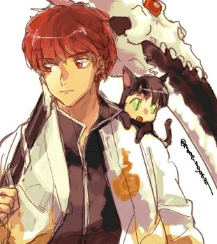 Rule 34 | 2boys, absurdres, black jacket, commentary request, haori, highres, holding, holding scythe, human head, jacket, japanese clothes, kyoukai no rinne, male focus, mame moyashi, multiple boys, red eyes, red hair, rokudou sabato, rokumon, scythe, short hair, simple background, upper body, white background