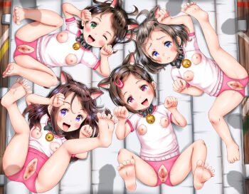 animal_ears anus artist_request bdsm bell blush buruma cameltoe cat_ears censored cleft_of_venus collar crotchless flat_chest higeepon highres imminent_penetration loli lying mosaic_censoring multiple_girls neck_bell on_back original paw_pose penis_shadow pet_play pussy shadow slave tagme tongue tongue_out