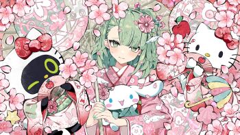 Rule 34 | 1girl, animal, apple, bangboo (zenless zone zero), blush, bow, cha hanare, cherry blossoms, cinnamoroll, commentary, cosplay, flower, food, frown, fruit, fuwa fuwa cinnamoroll, green eyes, green hair, green kimono, hair bow, head tilt, hello kitty, hello kitty (character), hello kitty (character) (cosplay), highres, holding, holding animal, holding umbrella, holding weapon, japanese clothes, kimono, looking at viewer, oil-paper umbrella, pink flower, pink kimono, red bow, sanrio, short hair, solo, sunna (zenless zone zero), umbrella, untranslatable commentary, weapon, zenless zone zero