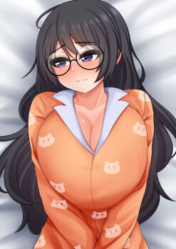 1girl absurdres animal_print bakemonogatari black_hair blush breasts cat_print cleavage collarbone glasses hair_ornament hanekawa_tsubasa highres large_breasts long_hair looking_at_viewer lying monogatari_(series) orange_pajamas pajamas parted_lips print_pajamas purple_eyes solo the_only_shoe