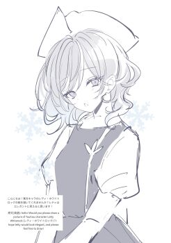 1girl english_text greyscale hamonika_monika hat highres lapel_pin letty_whiterock looking_at_viewer medium_hair monochrome snowflakes solo touhou