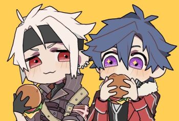 Rule 34 | + +, 2boys, black hair, black headband, blush, burger, crow armbrust, eating, eiyuu densetsu, food, headband, m2aei8r5716079, male focus, multiple boys, purple eyes, rean schwarzer, red eyes, sen no kiseki (series)