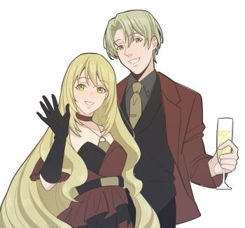 Rule 34 | 1boy, 1girl, absurdres, alfred (fire emblem), alternate costume, black thighhighs, blonde hair, breasts, brother and sister, celine (fire emblem), commentary request, cup, fire emblem, fire emblem engage, fumiko (290976767), green eyes, highres, holding, holding cup, long hair, necktie, nintendo, siblings, small breasts, thighhighs, very long hair, waving, yellow necktie