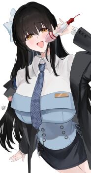 1girl absurdres arm_up black_hair black_jacket blue_corset blue_necktie bow breasts chain collared_shirt commentary corset diesel_(nikke) dot_nose formal_clothes goddess_of_victory:_nikke hair_ornament highres holding holding_microphone huge_breasts jacket kajuu light_blush long_hair long_sleeves looking_at_viewer microphone necktie office_lady shirt simple_background skirt suit yellow_eyes