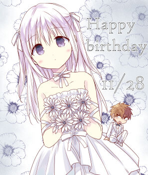 1boy 1girl bare_shoulders bouquet brown_eyes brown_hair chibi chibi_inset commentary_request dress expressionless flower fukuma333 hair_ribbon happy_birthday highres holding holding_bouquet jacket kao_ni_denai_kashiwada-san_to_kao_ni_deru_oota-kun kashiwada-san light_blush long_hair oota-kun pants pink_hair purple_eyes ribbon short_hair solo_focus strapless strapless_dress two_side_up white_background white_dress white_flower white_jacket white_pants white_ribbon