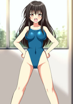 1girl absurdres black_hair blurry blurry_background blush breasts brown_eyes commentary_request commission covered_navel depth_of_field frown green_one-piece_swimsuit hands_on_own_hips highleg highleg_one-piece_swimsuit highres indoors kotegawa_yui large_breasts looking_at_viewer one-piece_swimsuit open_mouth partial_commentary pixiv_commission school_swimsuit solo standing swimsuit to_love-ru zanntetu