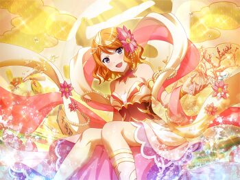 1girl benzaiten_(mythology) benzaiten_(mythology)_(cosplay) blush breasts cleavage cosplay dress ebisu_tsukasa flower game_cg hair_flower hair_ornament headpiece japanese_mythology looking_at_viewer medium_breasts official_art open_mouth orange_hair purple_eyes shawl short_hair shoujo_kageki_revue_starlight shoujo_kageki_revue_starlight_-re_live- sitting solo upper_body water yellow_dress yellow_shawl