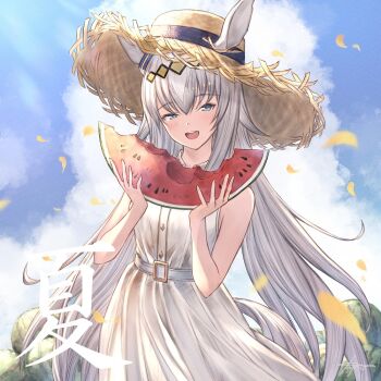 Rule 34 | 1girl, animal ears, belt, blue eyes, blue sky, blush, cloud, commentary request, dress, ear ornament, ears through headwear, eating, food, fruit, grey hair, grey tail, hair between eyes, hair ornament, hairband, hat, holding, holding food, holding fruit, holding fruit, horse ears, horse girl, horse tail, long hair, mugen kageno, oguri cap (umamusume), open mouth, outdoors, sky, sleeveless, sleeveless dress, smile, solo, straw hat, sun hat, tail, umamusume, watermelon, watermelon slice, white belt, white dress