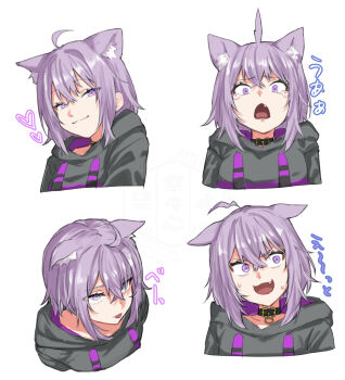 1girl ahoge animal_collar animal_ear_fluff animal_ears black_collar black_hoodie cat_ears cat_girl closed_mouth collar commentary fang hashtag-only_commentary heart hololive hood hoodie karakr_shin looking_at_viewer looking_to_the_side medium_hair multiple_expressions multiple_views nekomata_okayu nekomata_okayu_(1st_costume) nervous_sweating open_mouth purple_eyes purple_hair purple_hoodie sidelocks simple_background smile surprised sweat symbol-only_commentary tears tongue tongue_out translation_request two-tone_hoodie virtual_youtuber white_background