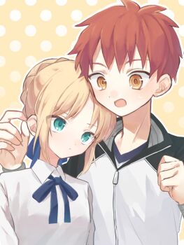 1boy 1girl ahoge artoria_pendragon_(fate) blonde_hair blouse blue_bow bow braid brown_eyes bun_with_braided_base closed_mouth commentary_request couple dun_dudu emiya_shirou fate/stay_night fate_(series) green_eyes hair_bow hair_bun long_sleeves open_mouth orange_hair saber_(fate) shirt sidelocks white_background white_shirt