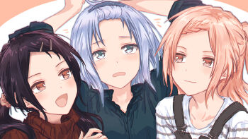 3girls :d arm_up bang_dream! bang_dream!_girls_band_party! bangs_pinned_back black_hair black_overalls black_shirt blue_eyes braid braided_bangs brown_sweater collared_shirt commentary frown futaba_tsukushi grey_hair hair_ornament hairclip highres hiromachi_nanami kurata_mashiro long_hair looking_at_another low_twintails medium_hair multiple_girls one_side_up open_mouth orange_eyes orange_hair overalls parallel_hairclips ribbed_sweater shirt smile sweater turtleneck turtleneck_sweater twintails white_shirt yukitake_(bullfalk)