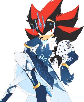 1boy :| alternate_costume animal_ear_fluff animal_ears animal_nose black_fur black_hair blue_dress blue_gemstone blue_gloves blue_shoes body_fur closed_mouth cloud_ya cosplay crossdressing crossdressing_(mtf) dress earrings elbow_gloves expressionless flat_color frilled_dress frills furry furry_male gem gloves hand_up heart heart_print high_heels highres honkai_(series) honkai_impact_3rd jewelry kiana_kaslana kiana_kaslana_(cosplay) kiana_kaslana_(frigid_empress) kiana_kaslana_(herrscher_of_the_void) knee_up long_hair looking_at_viewer male_focus medal multicolored_hair neck_fur pantyhose red_eyes red_hair shadow_the_hedgehog shoes simple_background sketch snowflake_print solo sonic_(series) spiked_hair strapless strapless_dress two-tone_fur two-tone_hair white_background white_fur white_pantyhose