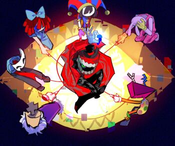 1other 3boys 3girls 7szndc animal_ears barefoot black_hat black_pants black_shoes blue_bow blue_dress blue_gloves blue_hat blue_shirt blue_shorts bow brown_hair button_eyes buttons caine_(the_amazing_digital_circus) chess_piece comedy_and_tragedy_masks dentures dress everyone from_above fur-trimmed_robe fur_trim gangle_(the_amazing_digital_circus) gloves green_eyes grey_pants hair_bow hand_on_own_head hat hat_bell jacket jax_(the_amazing_digital_circus) jester jester_cap jester_costume king_(chess) kinger_(the_amazing_digital_circus) kneeling looking_at_viewer multiple_boys multiple_girls overalls pants pink_overalls pomni_(the_amazing_digital_circus) puffy_short_sleeves puffy_sleeves purple_robe rabbit_boy rabbit_ears ragatha_(the_amazing_digital_circus) rayman_limbs red_hair red_hat red_jacket red_shorts robe shirt shoes short_hair short_sleeves shorts string string_of_fate striped_clothes striped_headwear striped_shorts t-shirt teeth the_amazing_digital_circus top_hat two-tone_hat white_gloves yellow_gloves zooble_(the_amazing_digital_circus)