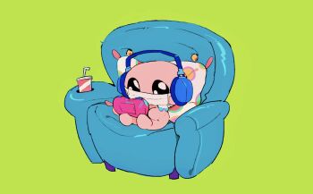 1boy artist_request bald black_eyes chair commentary cup cup_holder disposable_cup drinking_straw english_commentary full_body green_background handheld_game_console headphones highres holding holding_handheld_game_console isaac_(the_binding_of_isaac) mask mouth_mask official_art pillow second-party_source simple_background solo stay_at_home the_binding_of_isaac white_mask