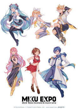 2boys 4girls :d aqua_eyes aqua_hair aqua_necktie arm_tattoo artist_name black_boots black_leg_warmers black_sailor_collar black_shirt black_shorts black_skirt black_sleeves black_thighhighs blonde_hair blue_eyes blue_hair blue_scarf boots bow bow_hairband breasts brooch brown_boots brown_hair character_name cleavage coat collared_shirt commentary company_name copyright_name copyright_notice coral_print cropped_jacket detached_sleeves english_commentary fingernails grey_leg_warmers grey_pants grey_sailor_collar grey_shirt grey_shorts grey_sleeves hair_between_eyes hairband hatsune_miku hatsune_miku_expo headset highres jacket jewelry kagamine_len kagamine_rin kaito_(vocaloid) koichame leg_warmers long_hair long_sleeves megurine_luka meiko_(vocaloid) multiple_boys multiple_girls nail_polish neckerchief necktie number_tattoo official_art open_mouth pants pink_hair pleated_skirt red_jacket red_nails sailor_collar scarf second-party_source shirt shoes shorts side_slit skirt sleeveless sleeveless_shirt smile spiked_hair tattoo thigh_boots thighhighs tie_clip twintails very_long_hair white_background white_bow white_coat white_hairband white_shirt white_shoes yellow_boots yellow_neckerchief yellow_necktie