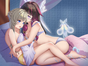 2girls absurdres bed black_hair blue_bra blue_eyes blue_panties bra breasts brown_hair cleavage collarbone columbina_(genshin_impact) commentary_request covering_own_eyes covering_privates fingernails full_body genshin_impact hair_ornament highres hk42052 kuuhenki_(genshin_impact) long_hair medium_breasts multicolored_hair multiple_girls nude_cover open_mouth panties purple_eyes purple_hair sandrone_(genshin_impact) seiza sitting strap_slip textless_version underwear very_long_hair wing_hair_ornament yellow_panties yuri