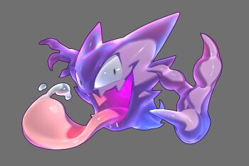 absurdres bluegeyko commentary creature creature_focus english_commentary full_body gen_1_pokemon ghost grey_background haunter highres looking_at_viewer nintendo no_humans open_mouth pokemon pokemon_(creature) pokemon_focus saliva simple_background smile tongue tongue_out