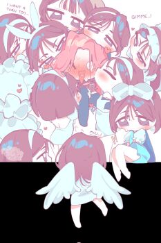 ! !! alien_stage animal_ear_hairband animal_ears black_hair black_shirt blue_dress blue_pants blush bow chibi chibi_only commentary corrupted_twitter_file dress earrings english_commentary english_text fake_animal_ears full-face_blush hair_bow hairband heart heart_in_mouth highres jewelry mizi_(alien_stage) multiple_girls official_alternate_costume open_mouth pants pearl_earrings pink_hair rabbit_ears shirt sphere_earrings sua_(alien_stage) thatonelilbee white_bow white_dress white_wings wings yuri